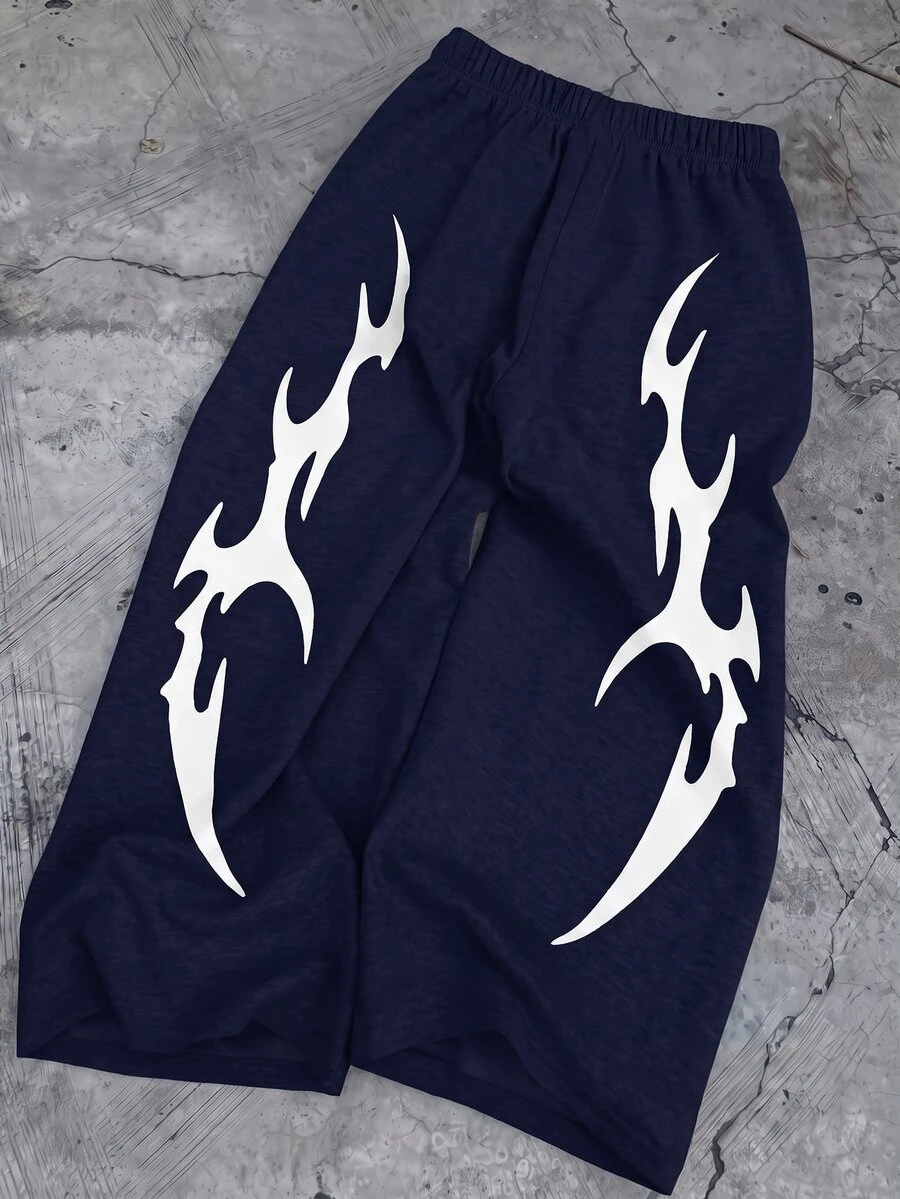SHEIN Teen Boy Casual Comfortable Printed Colorblock Loose Straight Leg Sweatpants - Navy Blue - View 1