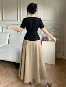Modelyn Round Neck Metal Button Short Sleeve Shirt And Flared Skirt Set - Khaki - View 4
