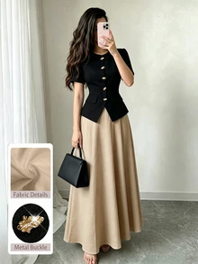 Modelyn Round Neck Metal Button Short Sleeve Shirt And Flared Skirt Set - Khaki - View 2