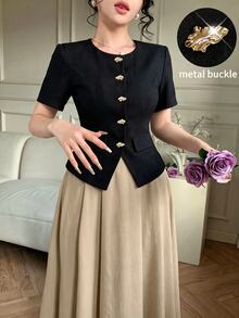 Modelyn Round Neck Metal Button Short Sleeve Shirt And Flared Skirt Set - Khaki - View 5
