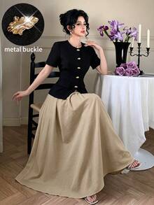 Modelyn Round Neck Metal Button Short Sleeve Shirt And Flared Skirt Set - Khaki - View 3