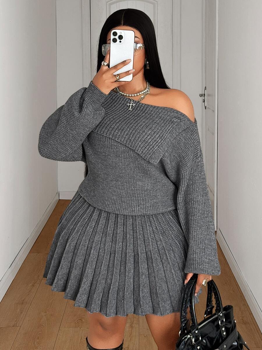Maweii Plus Size Women's Knit 2 Pieces Set, Lapel Off-Shoulder Elegant Pleated Skirt Fashion Outfit - Grey - View 1