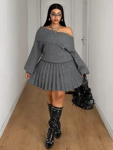Maweii Plus Size Women's Knit 2 Pieces Set, Lapel Off-Shoulder Elegant Pleated Skirt Fashion Outfit - Grey - View 4