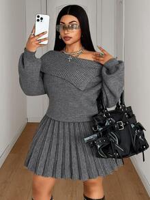 Maweii Plus Size Women's Knit 2 Pieces Set, Lapel Off-Shoulder Elegant Pleated Skirt Fashion Outfit - Grey - View 5