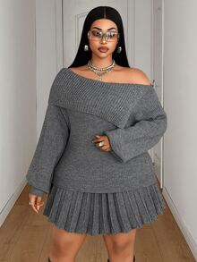 Maweii Plus Size Women's Knit 2 Pieces Set, Lapel Off-Shoulder Elegant Pleated Skirt Fashion Outfit - Grey - View 3