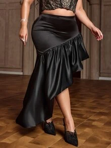 NU&NOW Plus Size Women Sexy High Waist Ruffle Asymmetrical Fishtail Skirt For Nightclub, Date, Party - Black - View 6