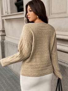 Vionelle Plus Size Women's Fashion Elegant Ribbed Long Sleeve Batwing Sleeve Pullover Sweater Casual Versatile Commute Autumn/Winter Top - Khaki - View 2
