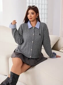 Solflare New Fall/Winter Plus Contrast-Collar Drop-Shoulder 2-In-1 Cable Knit Cardigan, Loose Gray Preppy Horse-Embroidered For Home, Work, Outings, Dates & School - Multicolor - View 5