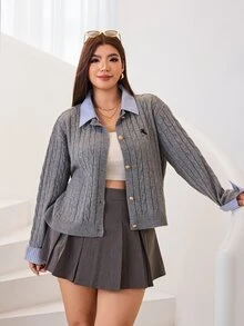 Solflare New Fall/Winter Plus Contrast-Collar Drop-Shoulder 2-In-1 Cable Knit Cardigan, Loose Gray Preppy Horse-Embroidered For Home, Work, Outings, Dates & School - Multicolor - View 7