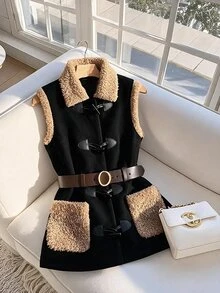 SHEIN Clasi Women's Autumn/Winter Fashion Color Block Patchwork Vest Jacket - Multicolor - View 3
