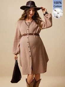 SHEIN Maternity Solid Color Pleated Casual Daily Summer Dress - Apricot - View 2
