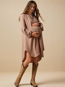 SHEIN Maternity Solid Color Pleated Casual Daily Summer Dress - Apricot - View 4