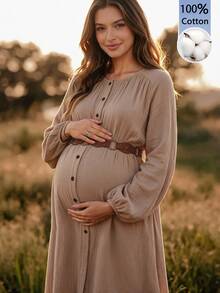 SHEIN Maternity Solid Color Pleated Casual Daily Summer Dress - Apricot - View 3