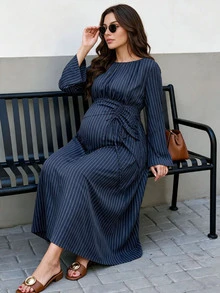MaterniWear Elegant Striped Maternity Commuter Dress - Navy Blue - View 2