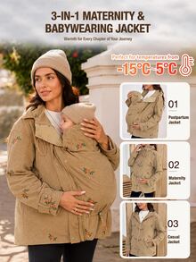 SHEIN Maternity Floral Embroidered Zipper Front Hooded 3-In-1 Jacket Fall - Brown - View 4