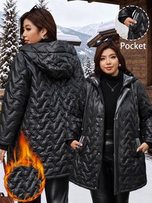 Reflora Plus Size Winter Hooded Jacket Holiday Going Out Club Black Casual Elegant Baggy - Black - View 8