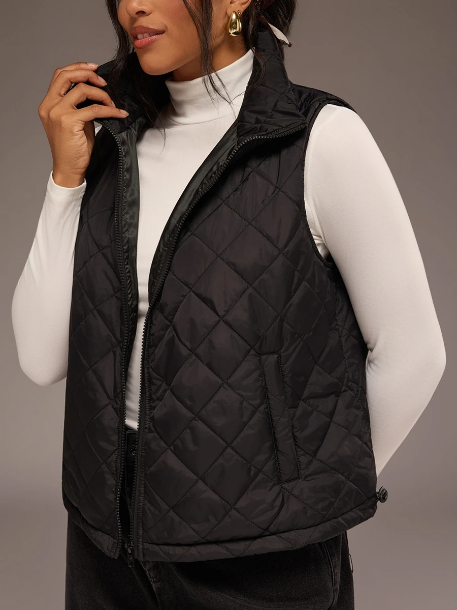 SHEIN VCAY Classic Black Diamond Quilted Zip-Up Vest With Stand Collar, Short Padded Layering Jacket For Women - Black - View 1