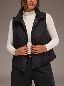 SHEIN VCAY Classic Black Diamond Quilted Zip-Up Vest With Stand Collar, Short Padded Layering Jacket For Women - Black - View 4