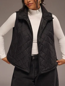 SHEIN VCAY Classic Black Diamond Quilted Zip-Up Vest With Stand Collar, Short Padded Layering Jacket For Women - Black - View 3