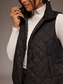 SHEIN VCAY Classic Black Diamond Quilted Zip-Up Vest With Stand Collar, Short Padded Layering Jacket For Women - Black - View 8