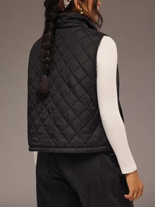 SHEIN VCAY Classic Black Diamond Quilted Zip-Up Vest With Stand Collar, Short Padded Layering Jacket For Women - Black - View 2
