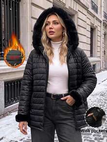 Easowa Curve Plus Size Women's Plush Patchwork Casual Versatile Winter Padded Coat - Black - View 2