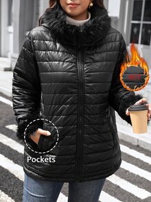 Easowa Curve Plus Size Women's Plush Patchwork Casual Versatile Winter Padded Coat - Black - View 7