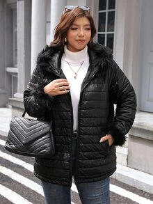 Easowa Curve Plus Size Women's Plush Patchwork Casual Versatile Winter Padded Coat - Black - View 5