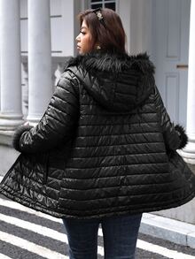 Easowa Curve Plus Size Women's Plush Patchwork Casual Versatile Winter Padded Coat - Black - View 3