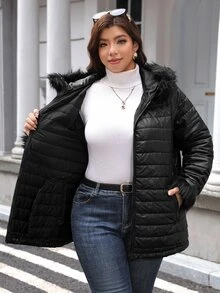 Easowa Curve Plus Size Women's Plush Patchwork Casual Versatile Winter Padded Coat - Black - View 8