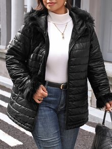 Easowa Curve Plus Size Women's Plush Patchwork Casual Versatile Winter Padded Coat - Black - View 6