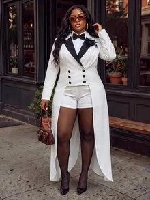 Slaydiva Plus Size 2 Pieces Suit, Black Lapel Long Tail Tuxedo Blazer & Matching Shorts Formal Set - White - View 5