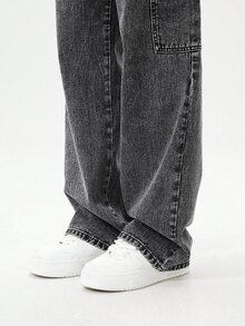 Tween Boy Denim Long Pants, Vintage Streetwear Casual Dark Grey Washed Cargo Multi-Pocket Jeans, School Daily Wear Holiday Summer Everyday - Black - View 9