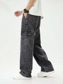 Tween Boy Denim Long Pants, Vintage Streetwear Casual Dark Grey Washed Cargo Multi-Pocket Jeans, School Daily Wear Holiday Summer Everyday - Black - View 4