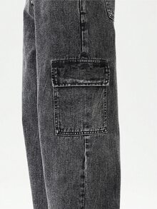 Tween Boy Denim Long Pants, Vintage Streetwear Casual Dark Grey Washed Cargo Multi-Pocket Jeans, School Daily Wear Holiday Summer Everyday - Black - View 8