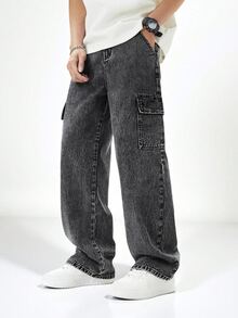 Tween Boy Denim Long Pants, Vintage Streetwear Casual Dark Grey Washed Cargo Multi-Pocket Jeans, School Daily Wear Holiday Summer Everyday - Black - View 3