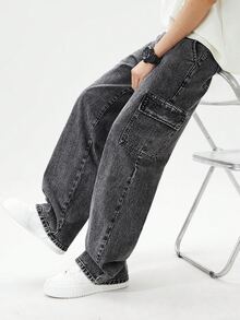 Tween Boy Denim Long Pants, Vintage Streetwear Casual Dark Grey Washed Cargo Multi-Pocket Jeans, School Daily Wear Holiday Summer Everyday - Black - View 1