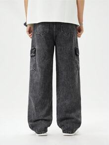 Tween Boy Denim Long Pants, Vintage Streetwear Casual Dark Grey Washed Cargo Multi-Pocket Jeans, School Daily Wear Holiday Summer Everyday - Black - View 2