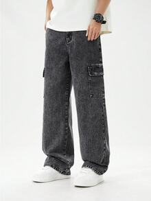 Tween Boy Denim Long Pants, Vintage Streetwear Casual Dark Grey Washed Cargo Multi-Pocket Jeans, School Daily Wear Holiday Summer Everyday - Black - View 6