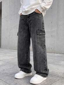 Tween Boy Denim Long Pants, Vintage Streetwear Casual Dark Grey Washed Cargo Multi-Pocket Jeans, School Daily Wear Holiday Summer Everyday - Black - View 5
