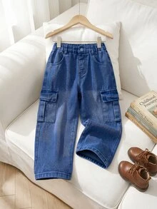 SHEIN Girls' Street Style Sweet & Cool Wide Leg Cargo Denim Jeans With Large Pockets Autumn Winter - Medium Wash - View 5