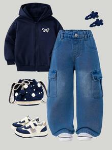 SHEIN Girls' Street Style Sweet & Cool Wide Leg Cargo Denim Jeans With Large Pockets Autumn Winter - Medium Wash - View 6