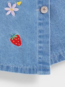 SHEIN Playful Pals Young Girl Fashion Asymmetric Button Front Comfortable Stretch Waist Cartoon Rainbow Caterpillar Embroidered Cute Sweet Versatile Skort - Medium Wash - View 4