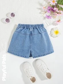 SHEIN Playful Pals Young Girl Fashion Asymmetric Button Front Comfortable Stretch Waist Cartoon Rainbow Caterpillar Embroidered Cute Sweet Versatile Skort - Medium Wash - View 2