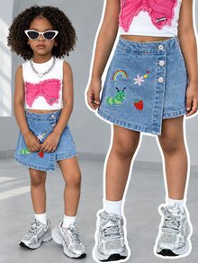 SHEIN Playful Pals Young Girl Fashion Asymmetric Button Front Comfortable Stretch Waist Cartoon Rainbow Caterpillar Embroidered Cute Sweet Versatile Skort - Medium Wash - View 3