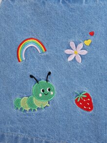 SHEIN Playful Pals Young Girl Fashion Asymmetric Button Front Comfortable Stretch Waist Cartoon Rainbow Caterpillar Embroidered Cute Sweet Versatile Skort - Medium Wash - View 6