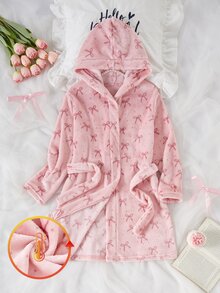 女童粉色極簡優雅蝴蝶結波點花卉毛絨長袖睡袍，休閒居家服，適合秋冬冬季，保暖居家休閒、假日派對與家庭穿搭 - 粉色 - 查看 3