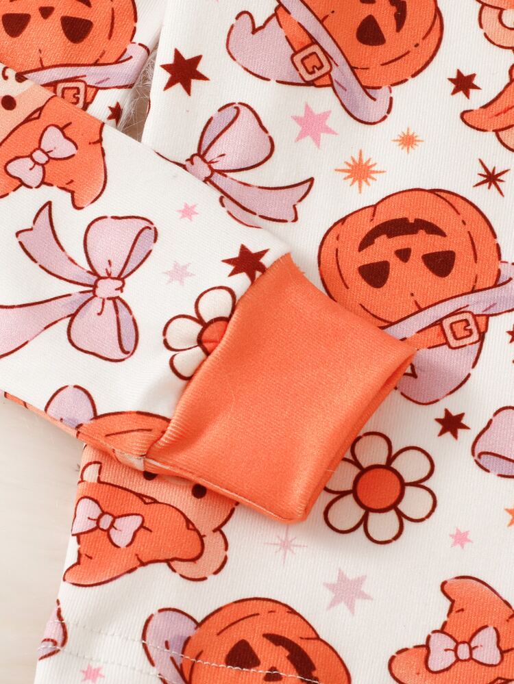 SHEIN Girls' Funny Cute Halloween Pumpkin Bear Bow Print Crew Neck Ribbed Elastic Long Sleeve Top And Pants 2 Pieces Set, Casual Snug Fit Loungewear Fall - Orange - View 6