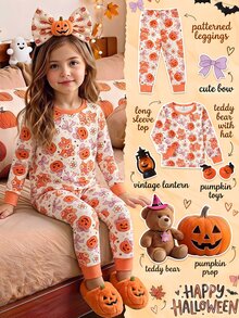 SHEIN Girls' Funny Cute Halloween Pumpkin Bear Bow Print Crew Neck Ribbed Elastic Long Sleeve Top And Pants 2 Pieces Set, Casual Snug Fit Loungewear Fall - Orange - View 7