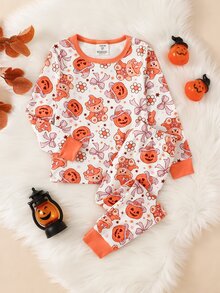 SHEIN Girls' Funny Cute Halloween Pumpkin Bear Bow Print Crew Neck Ribbed Elastic Long Sleeve Top And Pants 2 Pieces Set, Casual Snug Fit Loungewear Fall - Orange - View 3